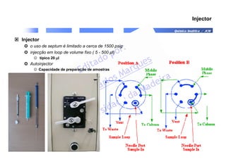Química Analítica / JCM
Injector
 Injector
 o uso de septum é limitado a cerca de 1500 psig
 injecção em loop de volume fixo ( 5 - 500 µl)
☺ típico 20 µ
µ
µ
µl
 Autoinjector
☺ Capacidade de preparação de amostras
 