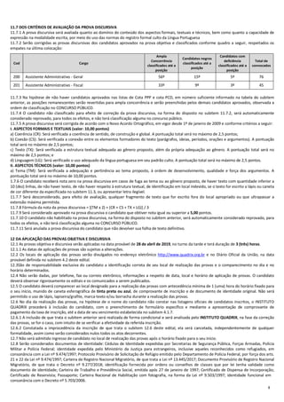8
11.7 DOS CRITÉRIOS DE AVALIAÇÃO DA PROVA DISCURSIVA
11.7.1 A prova discursiva será avaliada quanto ao domínio do conteúdo dos aspectos formais, textuais e técnicos, bem como quanto a capacidade de
expressão na modalidade escrita, por meio do uso das normas do registro formal culto da Língua Portuguesa
11.7.2 Serão corrigidas as provas discursivas dos candidatos aprovados na prova objetiva e classificados conforme quadro a seguir, respeitados os
empates na última colocação:
Cod Cargo
Ampla
Concorrência
classificados até a
posição
Candidatos negros
classificados até a
posição
Candidatos com
deficiência
classificados até a
posição
Total de
convocados
200 Assistente Administrativo - Geral 56º 15º 5º 76
201 Assistente Administrativo - Fiscal 33º 9º 3º 45
11.7.3 Na hipótese de não haver candidatos aprovados nas listas de Cota PPP e cota PCD, em número suficiente informado na tabela do subitem
anterior, as posições remanescentes serão revertidas para ampla concorrência e serão preenchidas pelos demais candidatos aprovados, observada a
ordem de classificação no CONCURSO PÚBLICO.
11.7.4 O candidato não classificado para efeito de correção da prova discursiva, na forma do disposto no subitem 11.7.2, será automaticamente
considerado reprovado, para todos os efeitos, e não terá classificação alguma no concurso público.
11.7.5 A prova discursiva será corrigida de acordo com o Novo Acordo Ortográfico, em vigor desde 1º de janeiro de 2009 e conforme critérios a seguir:
I. ASPECTOS FORMAIS E TEXTUAIS (valor: 10,00 pontos)
a) Coerência (CR): Será verificada a coerência de sentido, de construção e global. A pontuação total será no máximo de 2,5 pontos;
b) Coesão (CS): Será verificada a conexão entre os elementos formadores do texto (parágrafos, ideias, períodos, orações e argumentos). A pontuação
total será no máximo de 2,5 pontos;
c) Texto (TX): Será verificada a estrutura textual adequada ao gênero proposto, além da própria adequação ao gênero. A pontuação total será no
máximo de 2,5 pontos; e
d) Linguagem (LG): Será verificado o uso adequado da língua portuguesa em seu padrão culto. A pontuação total será no máximo de 2,5 pontos.
II. ASPECTOS TÉCNICOS (valor: 10,00 pontos)
a) Tema (TM): Será verificada a adequação e pertinência ao tema proposto, à ordem de desenvolvimento, qualidade e força dos argumentos. A
pontuação total será no máximo de 10,00 pontos.
1.7.6 O candidato receberá nota zero na prova discursiva em casos de fuga ao tema ou ao gênero proposto, de haver texto com quantidade inferior a
10 (dez) linhas, de não haver texto, de não haver respeito à estrutura textual, de identificação em local indevido, se o texto for escrito a lápis ou caneta
de cor diferente da especificada no subitem 11.3, ou apresentar letra ilegível.
11.7.7 Será desconsiderado, para efeito de avaliação, qualquer fragmento de texto que for escrito fora do local apropriado ou que ultrapassar a
extensão máxima permitida.
11.7.8 Fórmula da nota da prova discursiva = [(TM x 2) + (CR + CS + TX + LG)] / 3
11.7.9 Será considerado aprovado na prova discursiva o candidato que obtiver nota igual ou superior a 5,00 pontos.
11.7.10 O candidato não habilitado na prova discursiva, na forma do disposto no subitem anterior, será automaticamente considerado reprovado, para
todos os efeitos, e não terá classificação alguma no CONCURSO PÚBLICO.
11.7.11 Será anulada a prova discursiva do candidato que não devolver sua folha de texto definitivo.
12 DA APLICAÇÃO DAS PROVAS OBJETIVA E DISCURSIVA
12.1 As provas objetiva e discursiva serão aplicadas na data provável de 28 de abril de 2019, no turno da tarde e terá duração de 3 (três) horas.
12.1.1 As datas de aplicações de provas são sujeitas a alterações.
12.2 Os locais de aplicação das provas serão divulgados no endereço eletrônico http://www.quadrix.org.br e no Diário Oficial da União, na data
provável definida no subitem 4.2 deste edital.
12.3São de responsabilidade exclusiva do candidato a identificação correta de seu local de realização das provas e o comparecimento no dia e no
horário determinados.
12.4 Não serão dadas, por telefone, fax ou correio eletrônico, informações a respeito de data, local e horário de aplicação de provas. O candidato
deverá observar rigorosamente os editais e os comunicados a serem publicados.
12.5 O candidato deverá comparecer ao local designado para a realização das provas com antecedência mínima de 1 (uma) hora do horário fixado para
o seu início, munido de caneta esferográfica de tinta preta ou azul, de comprovante de inscrição e de documento de identidade original. Não será
permitido o uso de lápis, lapiseira/grafite, marca-texto e/ou borracha durante a realização das provas.
12.6 No dia da realização das provas, na hipótese de o nome do candidato não constar nas listagens oficiais de candidatos inscritos, o INSTITUTO
QUADRIX procederá à inclusão do candidato, com o preenchimento de formulário específico e mediante a apresentação de comprovante de
pagamento da taxa de inscrição, até a data de seu vencimento estabelecida no subitem 4.1.7.
12.6.1 A inclusão de que trata o subitem anterior será realizada de forma condicional e será analisada pelo INSTITUTO QUADRIX, na fase da correção
das provas, se for o caso, com intuito de se verificar a efetividade da referida inscrição.
12.6.2 Constatada a improcedência da inscrição de que trata o subitem 12.6 deste edital, ela será cancelada, independentemente de qualquer
formalidade, assim como serão considerados nulos todos os atos decorrentes.
12.7 Não será admitido ingresso de candidato no local de realização das provas após o horário fixado para o seu início.
12.8 Serão considerados documentos de identidade: Cédulas de Identidade expedidas por Secretarias de Segurança Pública, Forças Armadas, Polícia
Militar e Polícia Federal; identidade expedida pelo Ministério da Justiça para estrangeiros, inclusive aqueles reconhecidos como refugiados, em
consonância com a Lei nº 9.474/1997; Protocolo Provisório de Solicitação de Refúgio emitido pelo Departamento de Polícia Federal, por força dos arts.
21 e 22 da Lei nº 9.474/1997; Carteira de Registro Nacional Migratório, de que trata a Lei nº 13.445/2017; Documento Provisório de Registro Nacional
Migratório, de que trata o Decreto nº 9.277/2018; identificação fornecida por ordens ou conselhos de classes que por lei tenha validade como
documento de identidade; Carteira de Trabalho e Previdência Social, emitida após 27 de janeiro de 1997; Certificado de Dispensa de Incorporação;
Certificado de Reservista; Passaporte; Carteira Nacional de Habilitação com fotografia, na forma da Lei nº 9.503/1997; identidade funcional em
consonância com o Decreto nº 5.703/2006.
 