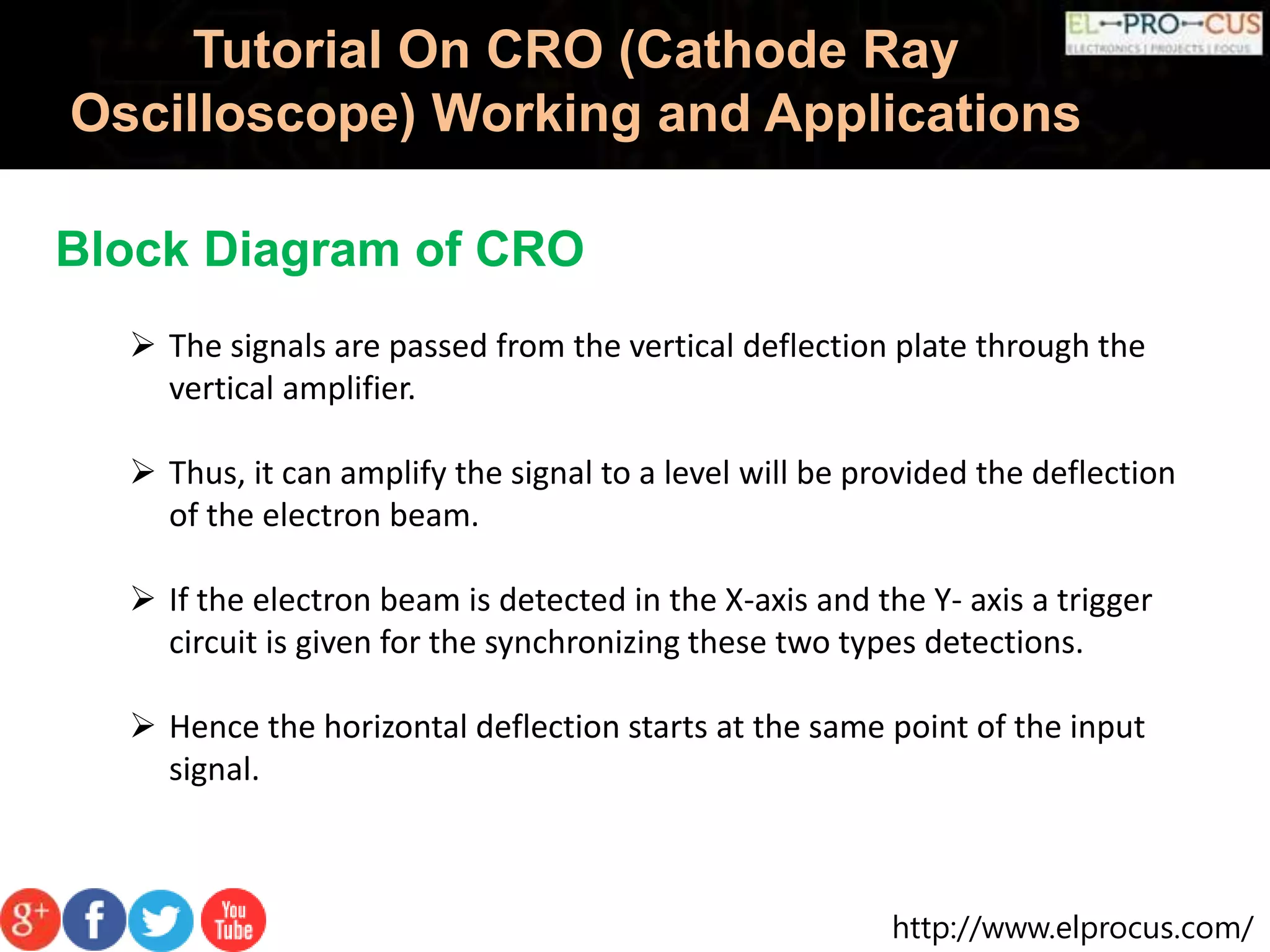 http://www.elprocus.com/
Tutorial On CRO (Cathode Ray
Oscilloscope) Working and Applications
Block Diagram of CRO
 The signals are passed from the vertical deflection plate through the
vertical amplifier.
 Thus, it can amplify the signal to a level will be provided the deflection
of the electron beam.
 If the electron beam is detected in the X-axis and the Y- axis a trigger
circuit is given for the synchronizing these two types detections.
 Hence the horizontal deflection starts at the same point of the input
signal.
 