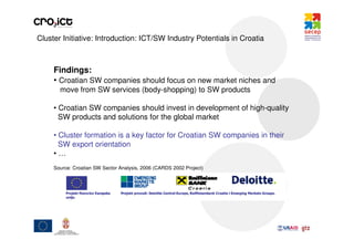 Cluster Initiative: Introduction: ICT/SW Industry Potentials in Croatia



     Findings:
     • Croatian SW companies should focus on new market niches and
       move from SW services (body-shopping) to SW products

     • Croatian SW companies should invest in development of high-quality
       SW products and solutions for the global market

     • Cluster formation is a key factor for Croatian SW companies in their
       SW export orientation
     •…
     Source: Croatian SW Sector Analysis, 2006 (CARDS 2002 Project)
 