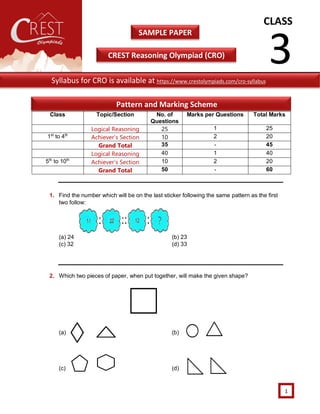 CLASS
3
SAMPLE PAPER
CREST Reasoning Olympiad (CRO)
1
1. Find the number which will be on the last sticker following the same pattern as the first
two follow:
(a) 24 (b) 23
(c) 32 (d) 33
2. Which two pieces of paper, when put together, will make the given shape?
(a) (b)
(c) (d)
Class Topic/Section No. of
Questions
Marks per Questions Total Marks
Logical Reasoning 25 1 25
1st
to 4th
Achiever’s Section 10 2 20
Grand Total 35 - 45
Logical Reasoning 40 1 40
5th
to 10th
Achiever’s Section 10 2 20
Grand Total 50 - 60
Syllabus for CRO is available at https://www.crestolympiads.com/cro-syllabus
Pattern and Marking Scheme
 
