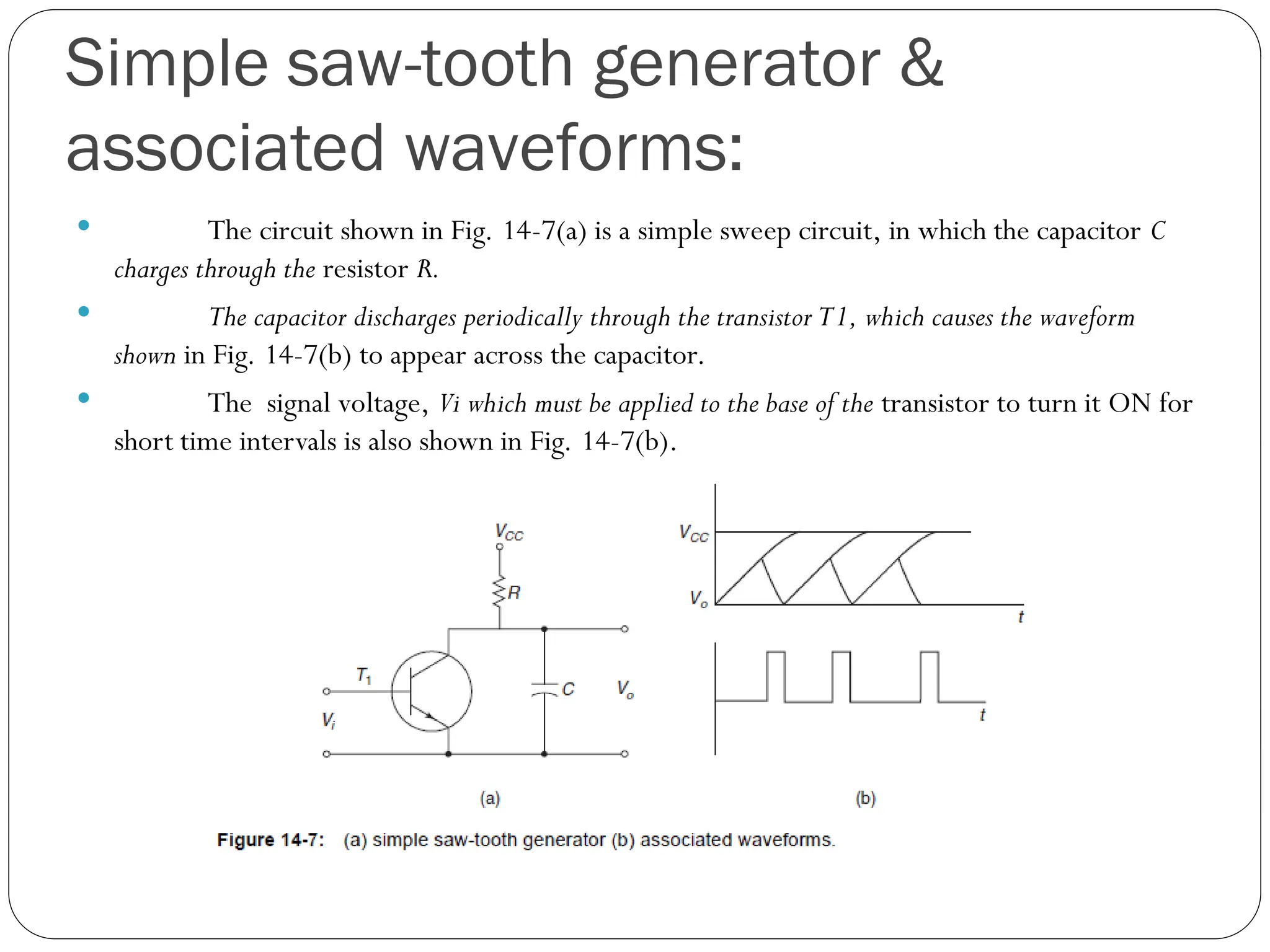 Simple saw-tooth generator &
associated waveforms:
 The circuit shown in Fig. 14-7(a) is a simple sweep circuit, in which the capacitor C
charges through the resistor R.
 The capacitor discharges periodically through the transistor T1, which causes the waveform
shown in Fig. 14-7(b) to appear across the capacitor.
 The signal voltage, Vi which must be applied to the base of the transistor to turn it ON for
short time intervals is also shown in Fig. 14-7(b).
 