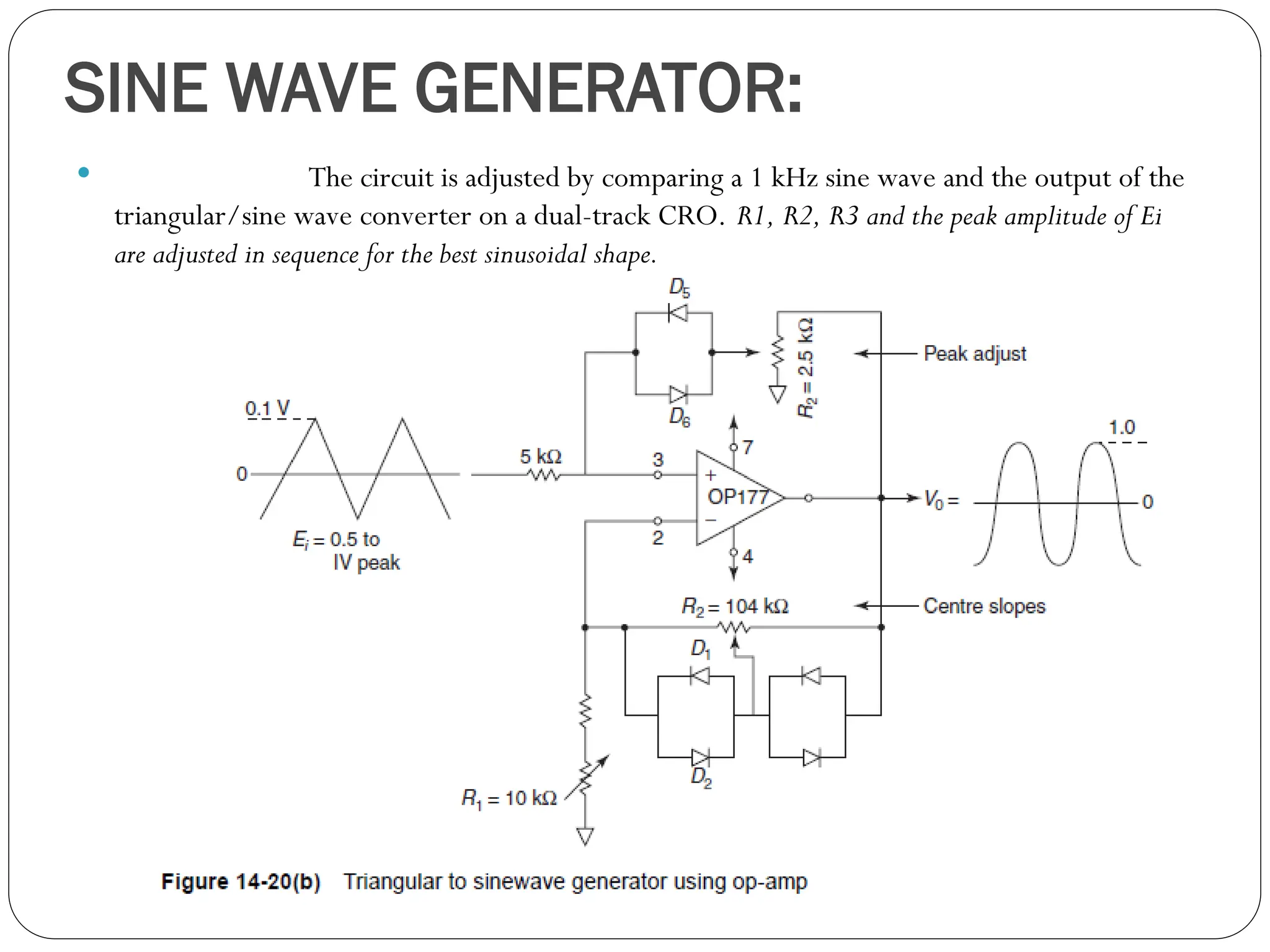 SINE WAVE GENERATOR:
 The circuit is adjusted by comparing a 1 kHz sine wave and the output of the
triangular/sine wave converter on a dual-track CRO. R1, R2, R3 and the peak amplitude of Ei
are adjusted in sequence for the best sinusoidal shape.
 