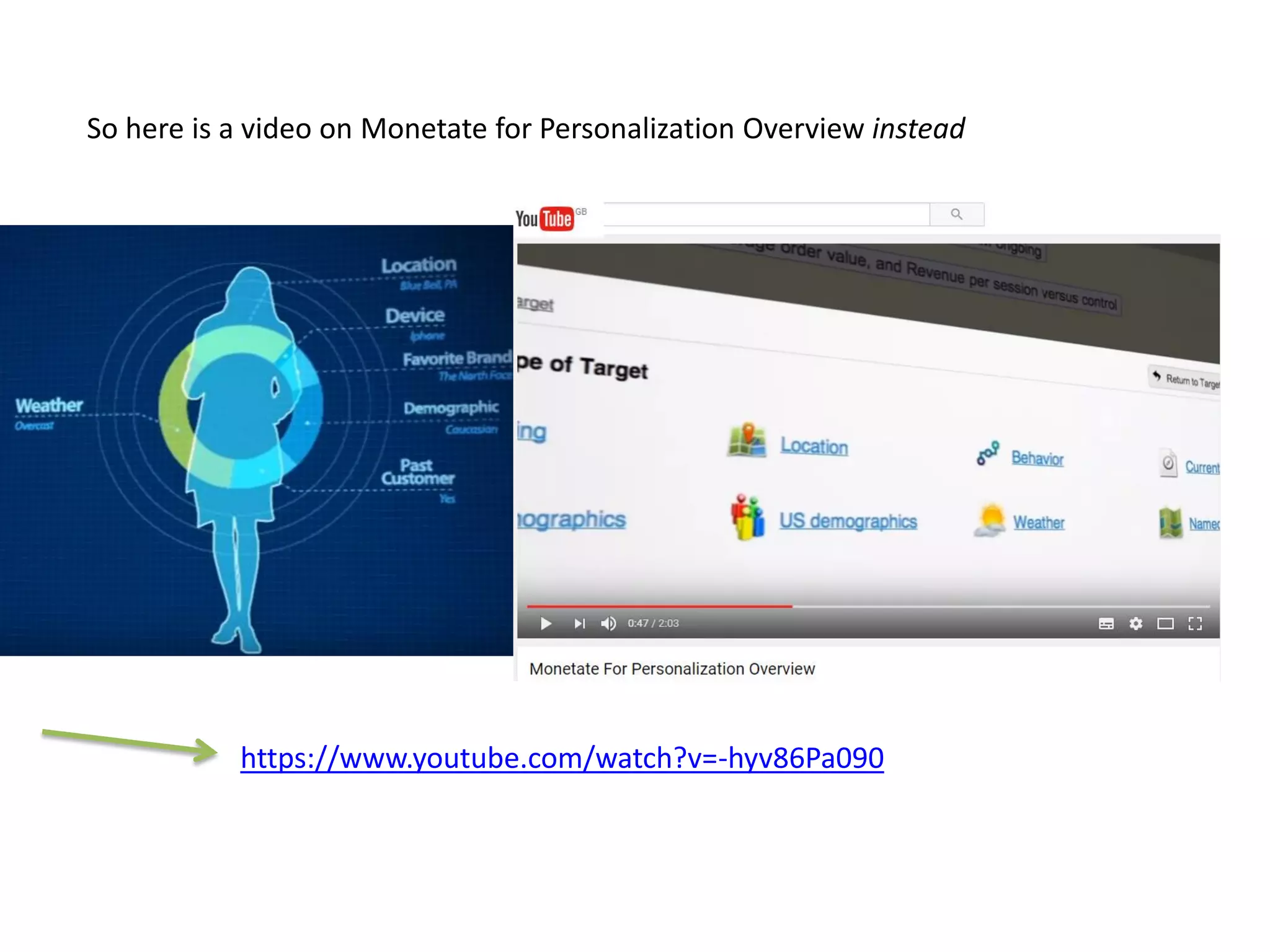 https://www.youtube.com/watch?v=-hyv86Pa090
So here is a video on Monetate for Personalization Overview instead
 