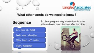 What other words do we need to know?
Sequence To place programming instructions in order
with each one executed one after the other.
 