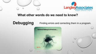 What other words do we need to know?
Debugging Finding errors and correcting them in a program.
 