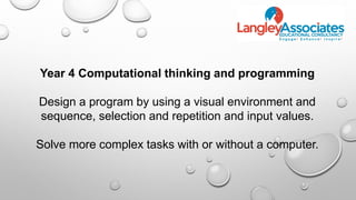 Year 4 Computational thinking and programming
Design a program by using a visual environment and
sequence, selection and repetition and input values.
Solve more complex tasks with or without a computer.
 