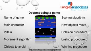 Decomposing a game
Name of game
Main character
Villain
Movement algorithm
Objects to avoid
Scoring algorithm
How objects move
Collision procedure
Losing procedure
Winning procedure
http://www.froggerclassic.appspot.com/
 