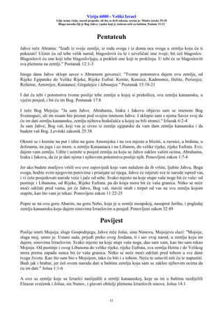 Vizija 6000 - Veliki Izrael
Gdje nema vizije, narod propada: ali tko se drži zakona, sretan je. Mudre izreke 29:18
Blago narodu čiji je Bog Jahve, i puku koji je izabrao sebi za baštinu. Psalam 33:12
11
Pentateuh
Jahve reče Abramu: "Izađi iz svoje zemlje, iz roda svoga i iz doma oca svoga u zemlju koju ću ti
pokazati! Učinit ću od tebe velik narod, blagoslovit ću te i uzveličati ime tvoje; bit ćeš blagoslov.
Blagoslovit ću one koji tebe blagoslivljaju, a prokleti one koji te proklinju. U tebi će se blagosloviti
sva plemena na zemlji." Postanak 12:1-3
Istoga dana Jahve sklopi savez s Abramom govoreći: "Tvome potomstvu dajem ovu zemlju, od
Rijeke Egipatske do Velike Rijeke, Rijeke Eufrat: Kenite, Kenizce, Kadmonce, Hetite, Perizejce,
Refaime, Amorejce, Kanaance, Girgašejce i Jebusejce." Postanak 15:18-21
I dat ću tebi i potomstvu tvome poslije tebe zemlju u kojoj si pridošlica, svu zemlju kanaansku, u
vječni posjed; i bit ću im Bog. Postanak 17:8
I reče Bog Mojsiju: "Ja sam Jahve. Abrahamu, Izaku i Jakovu objavio sam se imenom Bog
Svemogući, ali im nisam bio poznat pod svojim imenom Jahve. I sklopio sam s njima Savez svoj da
ću im dati zemlju kanaansku, zemlju njihova hodočašća u kojoj su bili stranci." Izlazak 6:2-4
Ja sam Jahve, Bog vaš, koji vas je izveo iz zemlje egipatske da vam dam zemlju kanaansku i da
budem vaš Bog. Levitski zakonik 25:38
Okreni se i krenite na put i idite na goru Amorejsku i na sva mjesta u blizini, u ravnici, u brdima, u
dolinama, na jugu i uz more, u zemlju Kanaanaca i na Libanon, do velike rijeke, rijeke Eufrata. Evo,
dajem vam zemlju. Uđite i uzmite u posjed zemlju za koju se Jahve zakleo vašim ocima, Abrahamu,
Izaku i Jakovu, da će je dati njima i njihovom potomstvu poslije njih. Ponovljeni zakon 1:7-8
Jer ako budete marljivo vršili sve ove zapovijedi koje vam nalažem da ih vršite, ljubite Jahvu, Boga
svoga, hodite svim njegovim putovima i prianjate uz njega, Jahve će istjerati sve te narode ispred vas,
i vi ćete posjedovati narode veće i jače od sebe. Svako mjesto na koje stupe vaše noge bit će vaše: od
pustinje i Libanona, od Rijeke, Rijeke Eufrata, pa do kraja mora bit će vaša granica. Nitko se neće
moći održati pred vama, jer će Jahve, Bog vaš, staviti strah i trepet od vas na svu zemlju kojom
stupite, kao što vam je rekao. Ponovljeni zakon 11:22-25
Popni se na ovu goru Abarim, na goru Nebo, koja je u zemlji moapskoj, nasuprot Jerihu, i pogledaj
zemlju kanaansku koju dajem sinovima Izraelovim u posjed. Ponovljeni zakon 32:49
Povijest
Poslije smrti Mojsija, sluge Gospodnjega, Jahve reče Jošui, sinu Nunovu, Mojsijevu sluzi: "Mojsije,
sluga moj, umro je. Ustani sada, prijeđi preko ovog Jordana, ti i sav ovaj narod, u zemlju koju im
dajem, sinovima Izraelovim. Svako mjesto na koje stupi vaša noga, dao sam vam, kao što sam rekao
Mojsiju. Od pustinje i ovog Libanona do velike rijeke, rijeke Eufrata, sva zemlja Hetita i do Velikog
mora prema zapadu sunca bit će vaša granica. Nitko se neće moći održati pred tobom u sve dane
tvoga života. Kao što sam bio s Mojsijem, tako ću biti i s tobom. Neću te ostaviti niti ću te napustiti.
Budi jak i hrabar, jer ćeš ovom narodu dati u baštinu zemlju koju sam se zakleo njihovim ocima da
ću im dati." Jošua 1:1-6
A ovo su zemlje koje su Izraelci naslijedili u zemlji kanaanskoj, koje su im u baštinu razdijelili
Eleazar svećenik i Jošua, sin Nunov, i glavari obitelji plemena Izraelovih sinova. Jošua 14:1
 