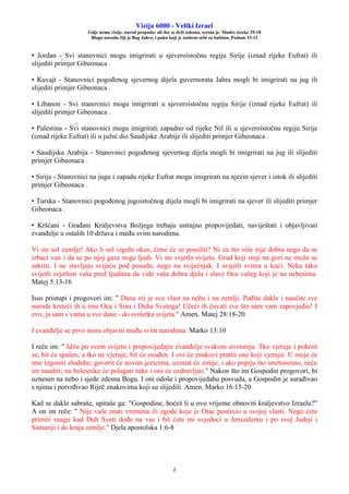 Vizija 6000 - Veliki Izrael
Gdje nema vizije, narod propada: ali tko se drži zakona, sretan je. Mudre izreke 29:18
Blago narodu čiji je Bog Jahve, i puku koji je izabrao sebi za baštinu. Psalam 33:12
2
• Jordan - Svi stanovnici mogu imigrirati u sjeveroistočnu regiju Sirije (iznad rijeke Eufrat) ili
slijediti primjer Gibeonaca .
• Kuvajt - Stanovnici pogođenog sjevernog dijela guvernorata Jahra mogli bi imigrirati na jug ili
slijediti primjer Gibeonaca .
• Libanon - Svi stanovnici mogu imigrirati u sjeveroistočnu regiju Sirije (iznad rijeke Eufrat) ili
slijediti primjer Gibeonaca .
• Palestina - Svi stanovnici mogu imigrirati zapadno od rijeke Nil ili u sjeveroistočnu regiju Sirije
(iznad rijeke Eufrat) ili u južni dio Saudijske Arabije ili slijediti primjer Gibeonaca .
• Saudijska Arabija - Stanovnici pogođenog sjevernog dijela mogli bi imigrirati na jug ili slijediti
primjer Gibeonaca .
• Sirija - Stanovnici na jugu i zapadu rijeke Eufrat mogu imigrirati na njezin sjever i istok ili slijediti
primjer Gibeonaca .
• Turska - Stanovnici pogođenog jugoistočnog dijela mogli bi imigrirati na sjever ili slijediti primjer
Gibeonaca .
• Kršćani - Građani Kraljevstva Božjega trebaju ustrajno propovijedati, naviještati i objavljivati
evanđelje u ostalih 10 država i među svim narodima.
Vi ste sol zemlje! Ako li sol izgubi okus, čime će se posoliti? Ni za što više nije dobra nego da se
izbaci van i da se po njoj gaze noge ljudi. Vi ste svjetlo svijetu. Grad koji stoji na gori ne može se
sakriti. I ne stavljaju svijeću pod posudu, nego na svijećnjak. I svijetli svima u kući. Neka tako
svijetli svjetlost vaša pred ljudima da vide vaša dobra djela i slave Oca vašeg koji je na nebesima.
Matej 5:13-16
Isus pristupi i progovori im: " Dana mi je sva vlast na nebu i na zemlji. Pođite dakle i naučite sve
narode krsteći ih u ime Oca i Sina i Duha Svetoga! Učeći ih čuvati sve što sam vam zapovjedio! I
evo, ja sam s vama u sve dane - do svršetka svijeta." Amen. Matej 28:18-20
I evanđelje se prvo mora objaviti među svim narodima. Marko 13:10
I reče im: " Idite po svem svijetu i propovijedajte evanđelje svakom stvorenju. Tko vjeruje i pokrsti
se, bit će spašen, a tko ne vjeruje, bit će osuđen. I ovi će znakovi pratiti one koji vjeruju: U moje će
ime izgoniti zloduhe; govorit će novim jezicima; uzimat će zmije; i ako popiju što smrtonosno, neće
im nauditi; na bolesnike će polagati ruke i oni će ozdravljati." Nakon što im Gospodin progovori, bi
uznesen na nebo i sjede zdesna Bogu. I oni odoše i propovijedahu posvuda, a Gospodin je surađivao
s njima i potvrđivao Riječ znakovima koji su slijedili. Amen. Marko 16:15-20
Kad se dakle sabraše, upitaše ga: "Gospodine, hoćeš li u ovo vrijeme obnoviti kraljevstvo Izraelu?"
A on im reče: " Nije vaše znati vremena ili zgode koje je Otac postavio u svojoj vlasti. Nego ćete
primiti snagu kad Duh Sveti dođe na vas i bit ćete mi svjedoci u Jeruzalemu i po svoj Judeji i
Samariji i do kraja zemlje." Djela apostolska 1:6-8
 