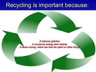 Recycling is important because:

• It reduces pollution
• It conserves energy
    and material
•   It saves money, which
                            .It reduces pollution
    can then be spend on energy and material
                    .It conserves
    other thinksmoney, which can then be spent on other things
          .It saves
 