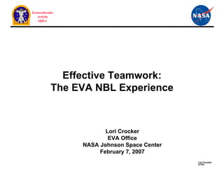 Extravehicular
   Activity
    Office




              Effective Teamwork:
            The EVA NBL Experience



                        Lori Crocker
                         EVA Office
                 NASA Johnson Space Center
                      February 7, 2007
                                             Lori Crocker
                                             2/7/07
 