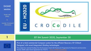 First of a kind commercial Compact system for the efficient Recovery Of CObalt
Designed with novel Integrated LEading technologies
1
This project has received funding from the European Union's EU Framework Programme for Research and Innovation
Horizon 2020 under Grant Agreement No 776473 - https://h2020-crocodile.eu/
EASME
session
EIT RM Summit 2020, September 30
Lourdes Yurramendi
(TECNALIA)
Nader Akil
(PNO)
&
 