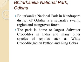Bhitarkanika National Park,
Odisha
 Bhitarkanika National Park in Kendrapara
district of Odisha is a separates swamp
region and mangroves forest.
 The park is home to largest Saltwater
Crocodiles in India and many other
species of reptiles such as White
Crocodile,Indian Python and King Cobra
 