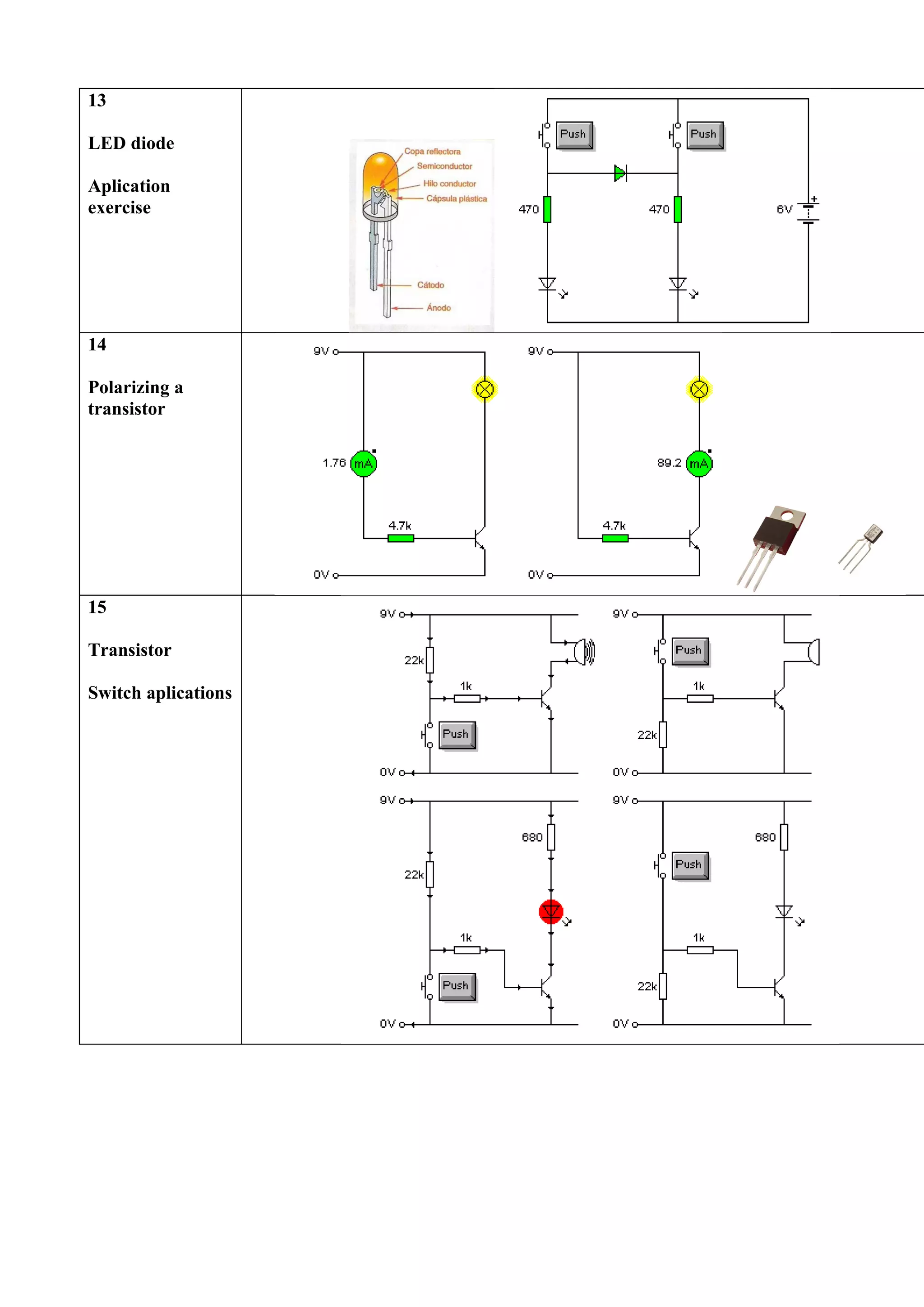 13
LED diode
Aplication
exercise
14
Polarizing a
transistor
15
Transistor
Switch aplications