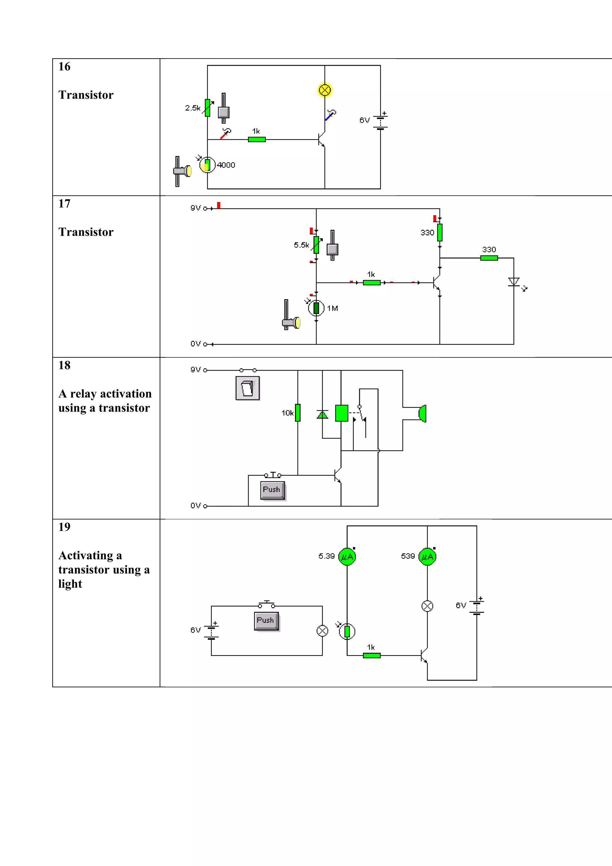 16
Transistor
17
Transistor
18
A relay activation
using a transistor
19
Activating a
transistor using a
light