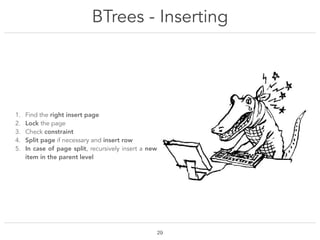 BTrees - Inserting
!29
1. Find the right insert page
2. Lock the page
3. Check constraint
4. Split page if necessary and i...