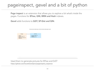 Page inspect is an extension that allows you to explore a bit what’s inside the
pages. Functions for BTree, GIN, BRIN and ...