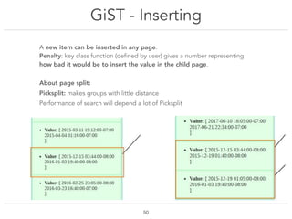 GiST - Inserting
!50
A new item can be inserted in any page.
Penalty: key class function (defined by user) gives a number ...