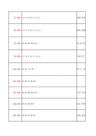 75,000 6-7 8-9 10-11 12-13   淡粉 黄色




 85,500 6-7 8-9 10-11 12-13   桃红/淡粉




 75,500 M7 M8 M9 M10 M11      黑/黑 黑/卡其




 75,000 6-7 8-9 10-11 12-13   天蓝/黑




130,500 W5 W6   W7 W8         黑/白 天蓝/白 金/白




153,000 W5 W6 W7 W8 W9




145,500 M7 M8 M9 M10 M11      卡其 芥末 设计蓝 深蓝




130,500 M7 M8 M9 M10          灰色 黑色 深蓝 树叶绿




108,000 W5 W6 W7 W8 W9        金色 银色 白色 亮粉色
 