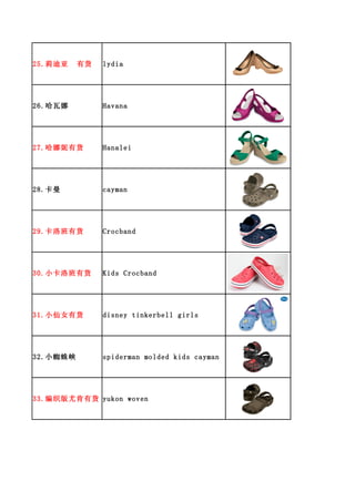 25.莉迪亚    有货   lydia




26.哈瓦娜         Havana




27.哈娜妮有货       Hanalei




28.卡曼          cayman




29.卡洛班有货       Crocband




30.小卡洛班有货      Kids Crocband




31.小仙女有货       disney tinkerbell girls




32.小蜘蛛峡        spiderman molded kids cayman




33.编织版尤肯有货 yukon woven
 
