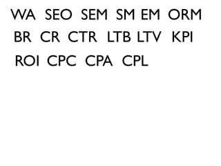 WA SEO SEM SM EM ORM
BR CR CTR LTB LTV KPI
ROI CPC CPA CPL
 