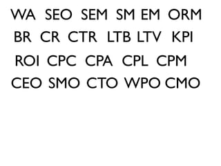 WA SEO SEM SM EM ORM
BR CR CTR LTB LTV KPI
ROI CPC CPA CPL CPM
CEO SMO CTO WPO CMO
 