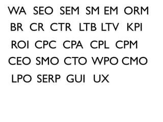 WA SEO SEM SM EM ORM
BR CR CTR LTB LTV KPI
ROI CPC CPA CPL CPM
CEO SMO CTO WPO CMO
LPO SERP GUI UX
 