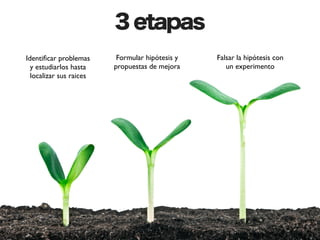 3 etapas
Identiﬁcar problemas      Formular hipótesis y   Falsar la hipótesis con
  y estudiarlos hasta    propuestas de mejora       un experimento
  localizar sus raices
 