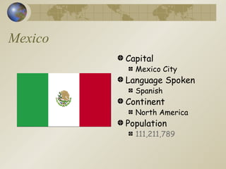 Mexico Capital Mexico City Language Spoken Spanish Continent North America Population  111,211,789 