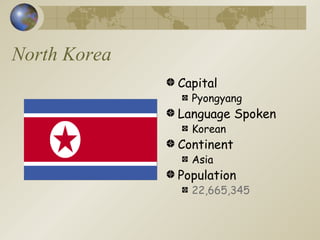North Korea Capital Pyongyang Language Spoken Korean Continent Asia Population  22,665,345 