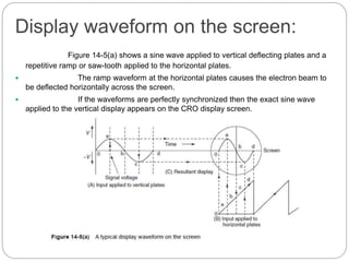 Display waveform on the screen:
Figure 14-5(a) shows a sine wave applied to vertical deflecting plates and a
repetitive ramp or saw-tooth applied to the horizontal plates.
 The ramp waveform at the horizontal plates causes the electron beam to
be deflected horizontally across the screen.
 If the waveforms are perfectly synchronized then the exact sine wave
applied to the vertical display appears on the CRO display screen.
 