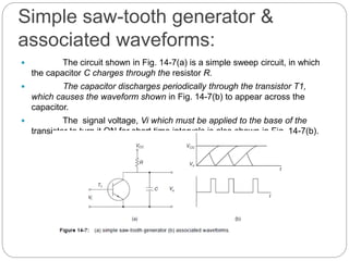 Simple saw-tooth generator &
associated waveforms:
 The circuit shown in Fig. 14-7(a) is a simple sweep circuit, in which
the capacitor C charges through the resistor R.
 The capacitor discharges periodically through the transistor T1,
which causes the waveform shown in Fig. 14-7(b) to appear across the
capacitor.
 The signal voltage, Vi which must be applied to the base of the
transistor to turn it ON for short time intervals is also shown in Fig. 14-7(b).
 