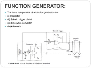 FUNCTION GENERATOR:
 The basic components of a function generator are:
 (i) Integrator
 (ii) Schmitt trigger circuit
 (iii) Sine wave converter
 (iv) Attenuator
 