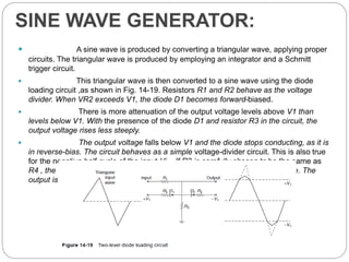 SINE WAVE GENERATOR:
 A sine wave is produced by converting a triangular wave, applying proper
circuits. The triangular wave is produced by employing an integrator and a Schmitt
trigger circuit.
 This triangular wave is then converted to a sine wave using the diode
loading circuit ,as shown in Fig. 14-19. Resistors R1 and R2 behave as the voltage
divider. When VR2 exceeds V1, the diode D1 becomes forward-biased.
 There is more attenuation of the output voltage levels above V1 than
levels below V1. With the presence of the diode D1 and resistor R3 in the circuit, the
output voltage rises less steeply.
 The output voltage falls below V1 and the diode stops conducting, as it is
in reverse-bias. The circuit behaves as a simple voltage-divider circuit. This is also true
for the negative half-cycle of the input Vi . If R3 is carefully chosen to be the same as
R4 , the negative and the positive cycles of the output voltage will be the same. The
output is an approximate sine wave.
 