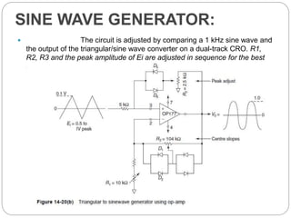 SINE WAVE GENERATOR:
 The circuit is adjusted by comparing a 1 kHz sine wave and
the output of the triangular/sine wave converter on a dual-track CRO. R1,
R2, R3 and the peak amplitude of Ei are adjusted in sequence for the best
sinusoidal shape.
 