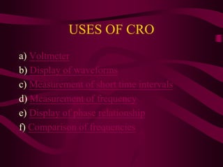 USES OF CRO
a) Voltmeter
b) Display of waveforms
c) Measurement of short time intervals
d) Measurement of frequency
e) Display of phase relationship
f) Comparison of frequencies