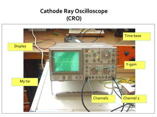 Cathode Ray Oscilloscope
(CRO)
Display
Channel1 Channel 2
Time base
Y-gain
My tie
 