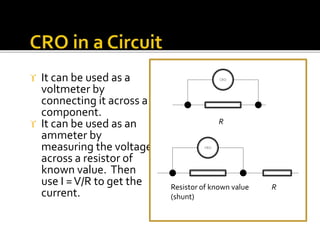  It can be used as a
voltmeter by
connecting it across a
component.
 It can be used as an
ammeter by
measuring the voltage
across a resistor of
known value. Then
use I =V/R to get the
current.
CRO
CRO
Resistor of known value
(shunt)
R
R
 