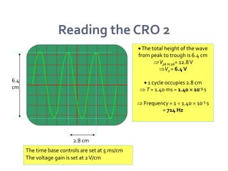 Reading the CRO 2
The total height of the wave
from peak to trough is 6.4 cm
Vpk to pk= 12.8V
V0 = 6.4V
 1 cycle occupies 2.8 cm
 T = 1.40 ms = 1.40  10-3 s
 Frequency = 1  1.40  10-3 s
= 714 Hz
2.8 cm
6.4
cm
The time base controls are set at 5 ms/cm
The voltage gain is set at 2V/cm
 