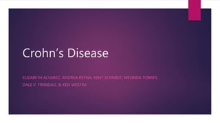 Crohn’s Disease
ELIZABETH ALVAREZ, ANDREA REYNA, KENT SCHMIDT, MELINDA TORRES,
DALE V. TRINIDAD, & KEN WESTRA
 