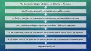 Complete GI obstruction
As the disease advances the bowel wall thickens and becomes fibrotic and the intestinal lumen narrows.
As the inflammation extends the muscle trophy also occur which cause fistulas, fissures and abscesses
Hence these clusters of ulcers tends to take on a classic ‘cobblestone’ appearance.
As the Ulcer lesions are not in contact with one another and are separated by normal tissue
Ulcer formation begins with edema and thickening of the mucosa
The disease process begins with edema and thickening of the mucosa
 