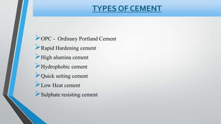 OPC - Ordinary Portland Cement
Rapid Hardening cement
High alumina cement
Hydrophobic cement
Quick setting cement
Low Heat cement
Sulphate resisting cement
TYPES OF CEMENT
 