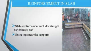 Slab reinforcement includes straight
bar cranked bar
Extra tops near the supports
REINFORCEMENT IN SLAB
 