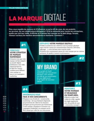 36
trajectoires digitales
#1
my brand
#2
#3
#4
Êtes-vous capable de mesurer et d’influencer ce qu’on dit de vous, de vos produits
ou services, de vos collaborateurs/dirigeants ? D’où la nécessité pour toutes les entreprises,
quelle que soit leur taille, d’afficher et d’animer leur marque sur le Web (blogs, forums,
réseaux sociaux) de manière descendante et montante. Comment ?
Concevez
votre stratégie
de marque
numérique
❚ Assurez-vous que votre
marque est bien adaptée
au monde digital.
❚ Définissez votre cible
clients/prospects.
❚ Ciblez les canaux
à utiliser pour diffuser
votre marque ou
lancer vos campagnes
marketing.
Déployez votre marque digitale
❚ Veillez à maintenir une cohérence avec la marque physique
entre tous les canaux de communication (Internet, télévision,
affichage…), créez du liant entre tous les outils.
❚ Générez une communauté autour de votre marque par un contenu
pertinent, de qualité et animé en permanence.
Différenciez-vous
face à vos concurrents
❚ Équipez-vous d’outils de « social media
monitoring » (de type Radian6, Digimind)
qui permettent de collecter les données
partagées par les personnes qui s’intéressent
à votre marque, d’analyser et mesurer vos
campagnes marketing, vos marques sur le
Web, autant que celles de vos concurrents.
Monitorez
votre marque
et réagissez
en temps réel
❚ Mettez en place une
cellule de veille capable
de réagir rapidement
avec des profils de type
« community manager ».
Tirez profit de l’outil
numérique, qui vous permet
d’évaluer votre marque
(et celle de vos concurrents),
de vous différencier
et de capter de nouveaux
clients.
La marque digitale
 