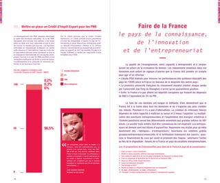 10. Mettre en place un Crédit d’Impôt Export pour les PME                                                                                                                      Faire de la France
Le développement des PME dépasse désormais                Sur le même principe que le Crédit d’Impôt                                              le pays de la connaissance,
le cadre des frontières nationales. Or, si les PME        Recherche, un Crédit d’Impôt Export permettrait
françaises sont encore trop petites, c’est aussi
parce qu’elles sont trop nationales et que la part
de l’export ne décolle que trop peu. Les barrières
                                                          d’inciter les entreprises à franchir le cap de l’in-
                                                          ternational. Il serait réservé aux entreprises ayant
                                                          un résultat d’exploitation inférieur à 10 millions
                                                                                                                                                        de l’innovation
culturelles et linguistiques expliquent en partie         d’euros. Une entreprise qui exporte est une entre-
cette absence à l’international, mais les coûts liés
à l’exportation peuvent aussi constituer un frein à
                                                          prise qui grandit et dont les recettes fiscales à la
                                                          hausse suffisent à rendre les dispositifs d’aide                                          et de l’entrepreneuriat
la croissance internationale de nos jeunes entre-         rentables pour l’Etat.
prises. Comme on le sait, les PME souffrent d’une
rentabilité insuffisante qui limite la prise de risque,
l’investissement et la conquête de nouveaux ter-
                                                                                                                                                                                                                —
ritoires et de nouveaux marchés.                                                                                                                  	      La qualité de l’enseignement, notre capacité à entreprendre et à innover
                                                                                                                                                  seront les piliers de la croissance de demain. Les classements mondiaux dans ces
Part des catégories d’entreprise dans                         Grandes entreprises
l’économie française en 2007 (Source : INSEE)                                                                                                     domaines sont autant de signaux d’alarme que la France doit prendre en compte
                                                              ETI                                                                                 pour agir et se réformer :
                                                                                                                                                  • L’étude PISA réalisée pour mesurer les performances des systèmes éducatifs des
                                         0,2%                 PME
                                                                                                                                                  pays de l’OCDE place la France en dessous de la moyenne des autres pays ;
100                                      0,3%                 Micro entreprises
                                                                                                                                                  • La première université française du classement mondial (réalisé chaque année
                                         6%                                                                                                       par l’université Jiao Tong de Shanghai) n’arrive qu’en quarantième position ;
                                                                                                                                                  • Enfin, la France n’a pas atteint les objectifs européens qui fixaient les dépenses
                                                                                                                                                  de R&D à l’équivalent de 3% du PIB…

                                                                                                                                                  	      La liste de ces données est longue et édifiante. Elles démontrent que la
                                                                                                                                                  France est à la traine dans tous les domaines et ne s’organise pas pour combler
                                                                                                                                                  ces retards. Pourtant il n’y a pas d’alternatives. La création de richesses futures
                                                                                                                                                  dépendra de notre capacité à maîtriser le savoir et à mieux l’exploiter. La multipli-
                                                                                                                                                  cation des aventures entrepreneuriales et l’exploitation des énergies créatrices à
                                                                                                                                                  l’échelle planétaire seront des déterminants essentiels aux grandes nations du XXIe
                                                                                                                                                  siècle. La société toute entière doit être convaincue de cet impératif. Les entrepre-
                                                                                                          José-Jacques Gustave (DR)




50                                       96,5%                                                                                                    neurs de demain sont nos élèves d’aujourd’hui. Repensons nos écoles pour qu’elles
                                                                                                                                                  deviennent des «    fabriques  d’entrepreneurs  favorisons les relations grands
                                                                                                                                                                                   »                  ;
                                                                                                                                                  groupes/entrepreneurs/universités et la fertilisation transverse des savoirs ; assu-
                                                                                                                                                  rons le financement de ceux qui osent et prennent des risques ; valorisons l’échec
                                                                                                                                                  au lieu de le stigmatiser ; faisons de la France un pays de vocations entrepreneuriales.
                                                                    L e s e n t r e p r i se s vi ve n t d a n s u n mo n de à 2
                                                                    vi t e sse s  : c e l u i d e s mu l t i n a t i o n a l e s qui , e n        Les 10 propositions de CroissancePlus pour faire de la France le pays de la connaissance :
                                                                    g é n é r a l , s’ e n so r t e n t b i e n  ; c e l u i d e s PM E /
                                                                    P M I e t E T I q u i , t r o p so u ve n t , so u f f r e n t. D a ns        1 - Créer un statut « d’auto-investisseur »
                                                                    l ’ i d é a l , e t p o u r e n c o u r a g e r l e s e n t r e p ri se s à   2 - Établir un vaste programme national d’amorçage technologique
                                                                    exp o r t e r e t à g r a n d i r, i l se r a i t i n t é r e ss a nt de      3 - Faire évoluer le statut de la JEI vers un statut d’Entreprise de Croissance et d’Avenir (ECA)
                                                                    l e s i n c i t e r à d é b u t e r d i r e c t e me n t à l ’i nte r-        4 - Créer un programme de Volontariat pour la Recherche en Entreprise (VRE)
                                                                    n a t i o n a l . C a r n ’ o u b l i o n s p a s q u e l e ma r c hé         5 - Passer du CIR au Crédit d’Impôt Innovation
                                                                    h exa g o n a l n e r e p r é se n t e q u e 5 % d u b usi ne ss              6 - Lancer une Assurance Innovation
                                                                    i n t e r n a t i o n a l …  »                                                7 - Tous bilingue en 2020 !
                                                                    —                                                                             8 - Rendre les stages en entreprises obligatoires pour les enseignants
                                                                    J O S É J A C Q U E S - G U S TAV E ,                                         9 - Du stage « photocopieuse » au stage « entrepreneur »
0                                                                   Dirigeant de G2J Global                                                       10 - Enseigner la culture entrepreneuriale du primaire à l’enseignement supérieur



18                                                                                                                                                                                                                                                    19
 