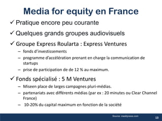 Media for equity en France
 Pratique encore peu courante
Source: maddyness.com
 Groupe Express Roularta : Express Ventures
– fonds d’investissements
– programme d’accélération prenant en charge la communication de
startups
– prise de participation de de 12 % au maximum.
 Fonds spécialisé : 5 M Ventures
– Miseen place de larges campagnes pluri-médias.
– partenariats avec différents médias (par ex : 20 minutes ou Clear Channel
France)
– 10-20% du capital maximum en fonction de la société
 Quelques grands groupes audiovisuels
13
 
