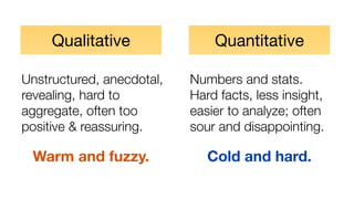 Qualitative
Unstructured, anecdotal,
revealing, hard to
aggregate, often too
positive & reassuring.
Warm and fuzzy.
Quantitative
Numbers and stats.
Hard facts, less insight,
easier to analyze; often
sour and disappointing.
Cold and hard.
 