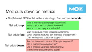 Moz cuts down on metrics
SaaS-based SEO toolkit in the scale stage. Focused on net adds.
Was a marketing campaign successful?
Were customer complaints lowered?
Was a product upgrade valuable?
Net adds up:
Can we acquire more valuable customers?
What product features can increase engagement?
Can we improve customer support?
Net adds ﬂat:
Are the new customers not the right segment?
Did a marketing campaign fail?
Did a product upgrade fail somehow?
Is customer support falling apart?
Net adds down:
 