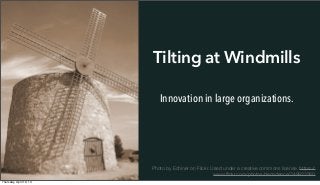 Tilting at Windmills
Innovation in large organizations.
Photo by Echiner on Flickr. Used under a creative commons license. https://
www.ﬂickr.com/photos/decadence/249922560
Thursday, April 10, 14
 